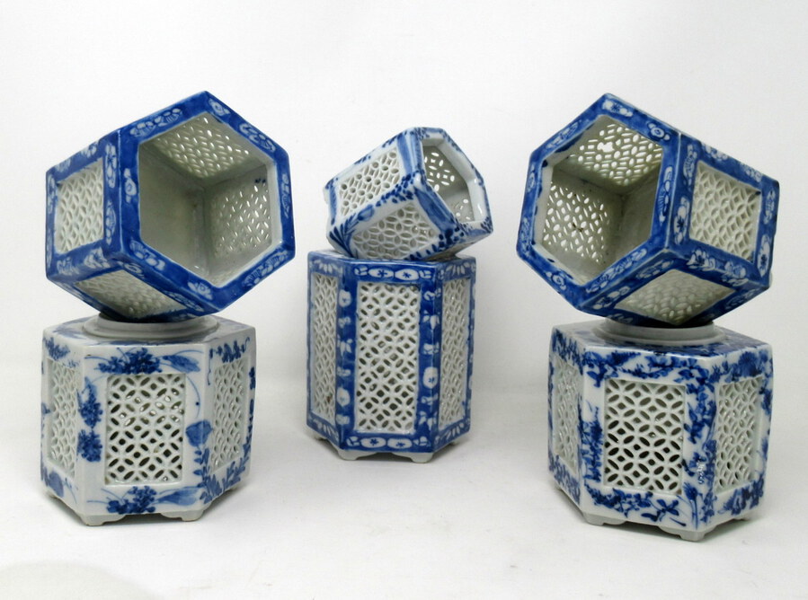 Set Hand Painted Blue White Japanese Chinese Reticulated Hexagonal Porcelain Vases 
