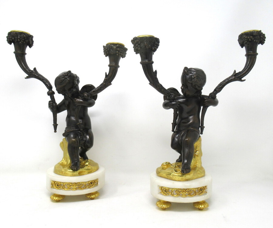 Antique Pair French Gilt Bronze Ormolu Twin Light Candelabra Clodion Grand Tour