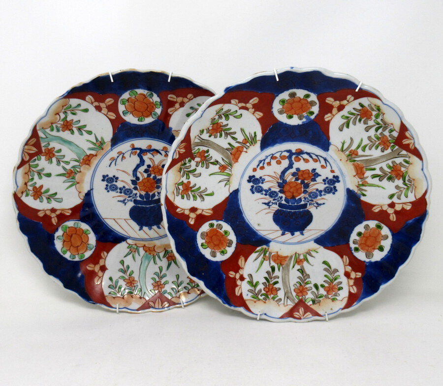 Pair Antique Japanese Meji Hand Painted Imari Dish Centerpiece Plate Cobalt Blue