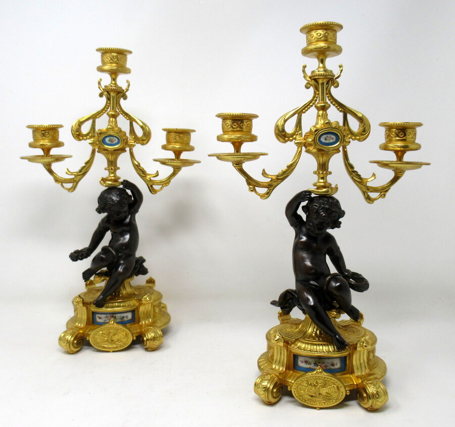 ntique Pair French Sevres Porcelain Gilt Bronze Cherub Candelabra Candlesticks