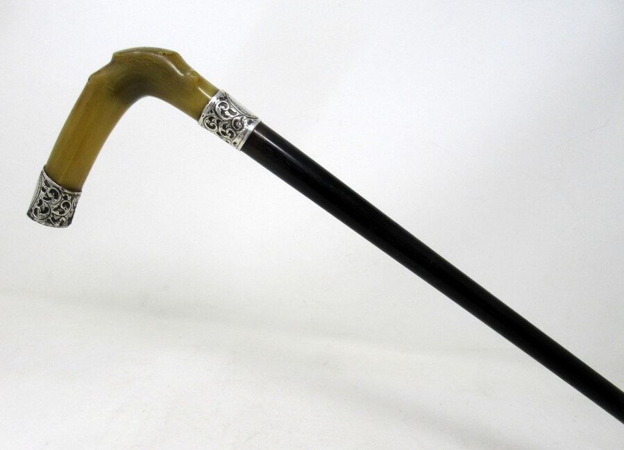 Antique Walking Stick Cane Ebonised Sterling Silver Cow Horn Handle 1906