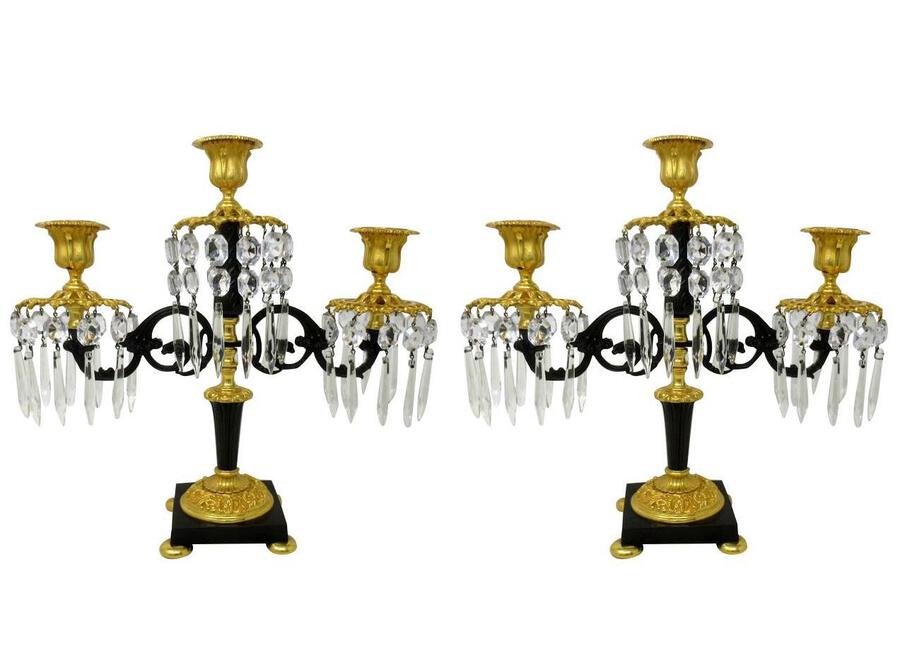 Antique Pair Antique Ormolu Bronze Dore Crystal Three Branch Candelabra French Lusters