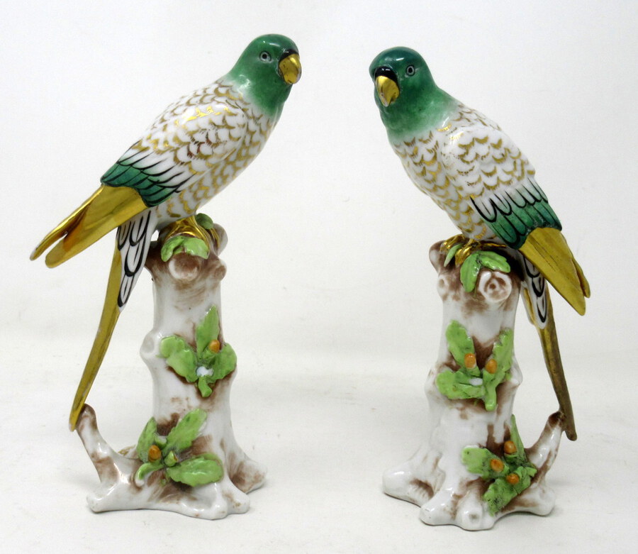 Antique Pair Meissen Style Continental Parrots Birds Green Gilt 19th Century