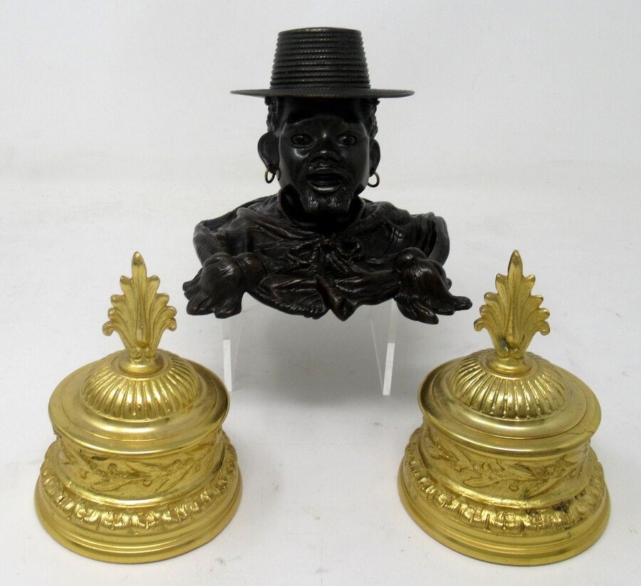 Antique Chinese Japanese Bronze Inkwell Male Bust Pair French Ormolu Desk Set 