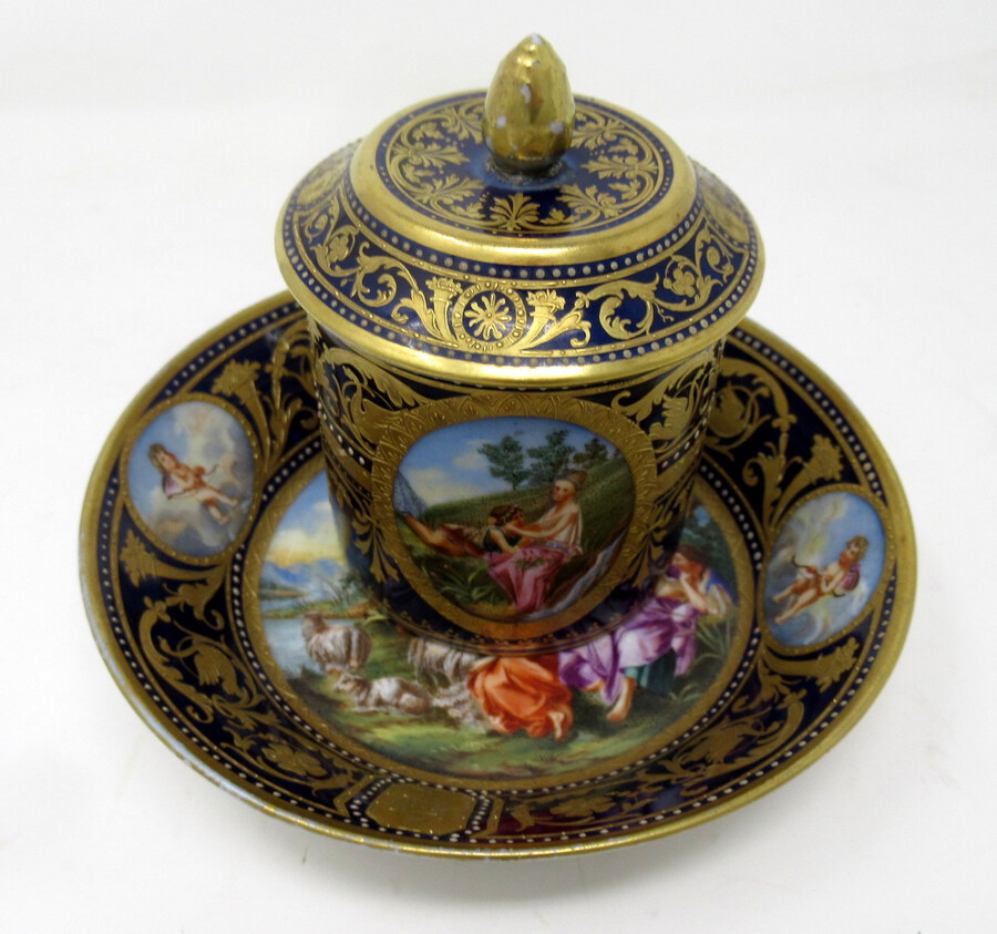 Antique Austrian Royal Vienna Sevres Style Chocolate Tea Cup Saucer Cobalt Blue