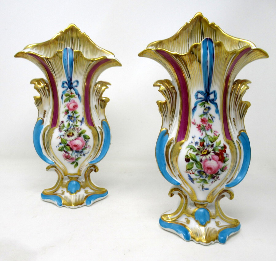 Antique Pair French Vieux Paris Gilt Porcelain Vases Urns Flowers Sevres Style