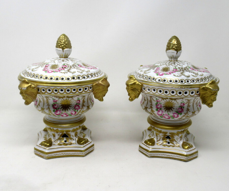 Mid Century Crown Derby Style Pair Urns Vases Pot Pourri Centerpieces