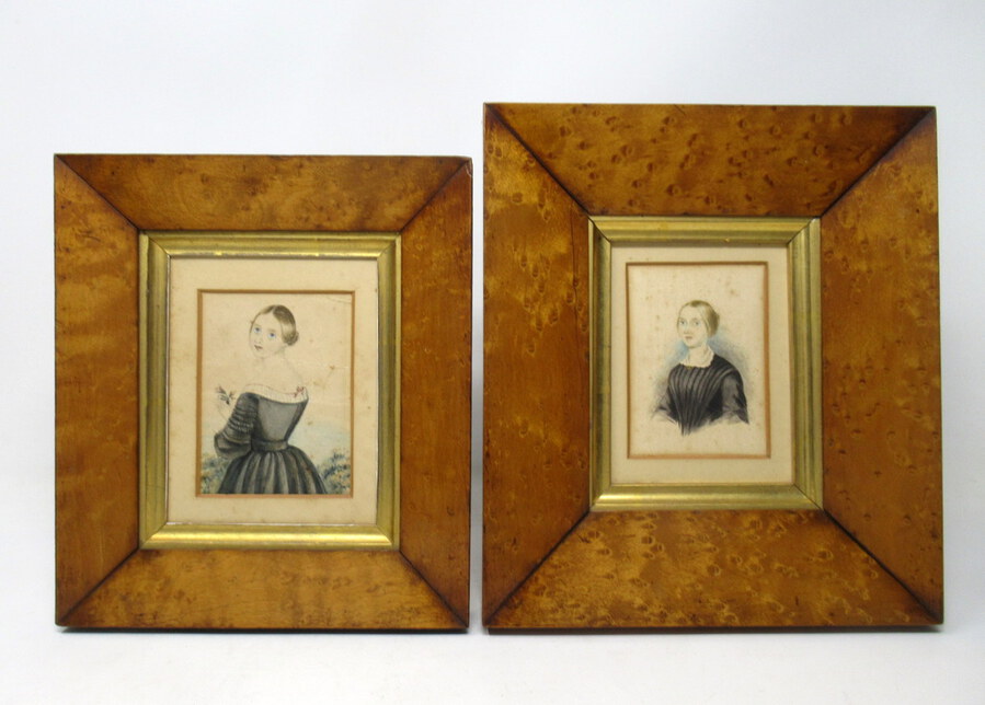 Antique Miniature Pair Watercolour Paintings Portrait Lady Birds Eye Maple Frame