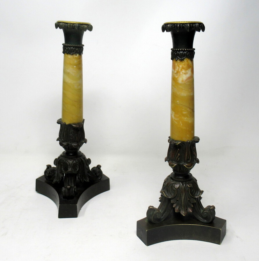 Antique Pair Grand Tour French Bronze Dore Sienna Marble Ormolu Candlesticks 19th Century