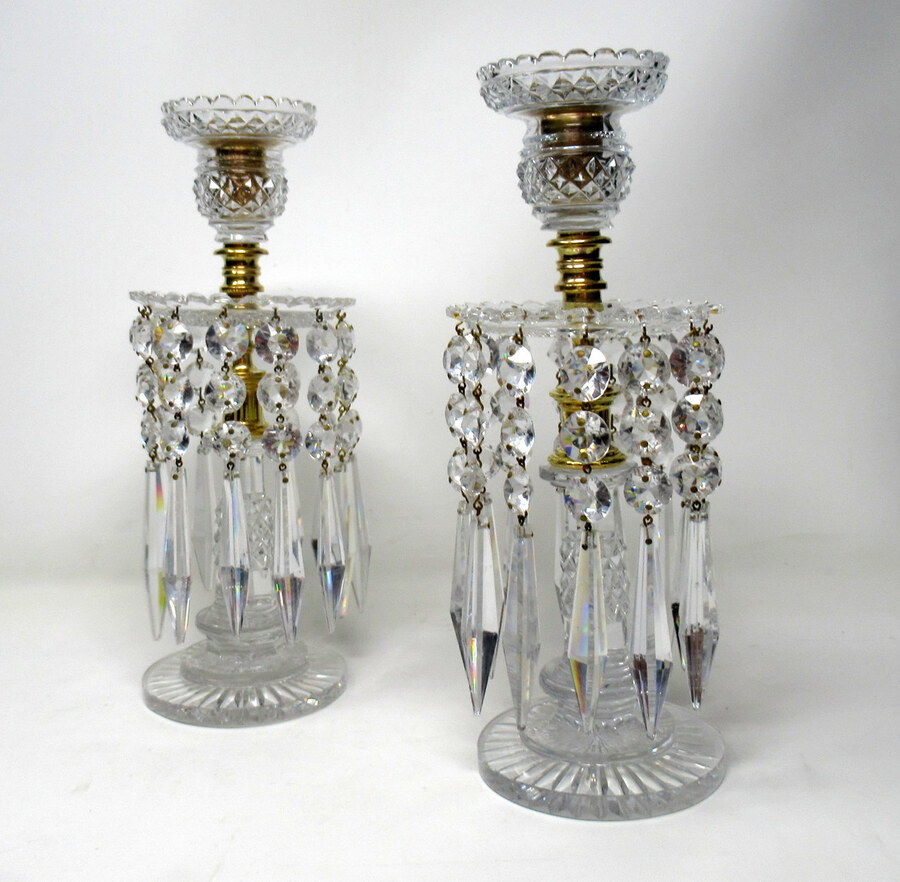 Pair English Regency Ormolu Bronze Candlesticks Crystal Lustres atrb John Blades
