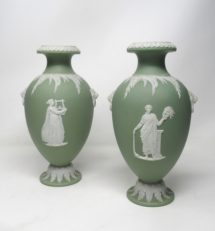 Antique Pair Green Wedgwood Jasper Ware Urns Vases Mythological Scenes 19th Cent