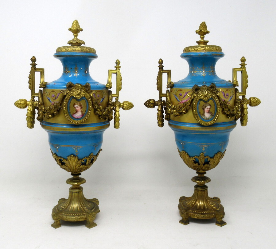 Antique Pair Sèvres Porcelain Gilt Bronze Portrait Ormolu Celeste Blue Urns Vases 