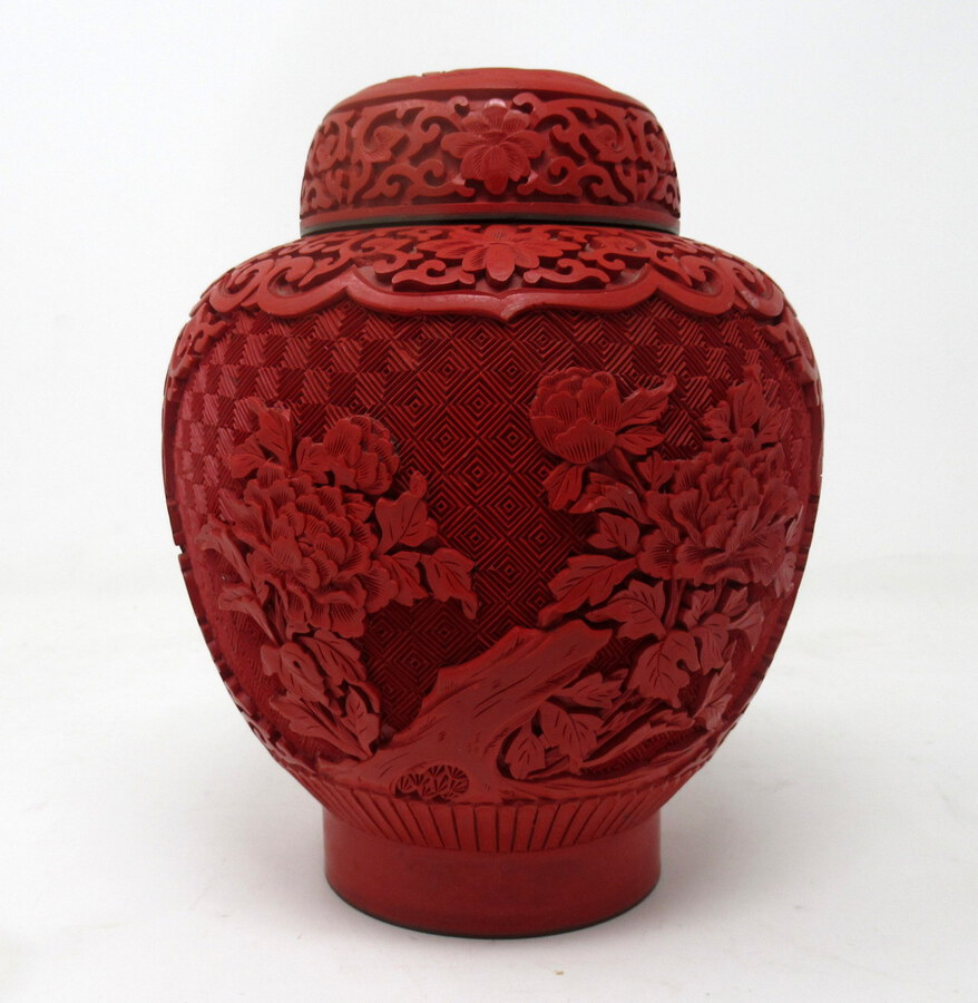 Vintage Chinese Carved Cinnabar Bowl Ginger Jar Centerpiece Mid Century