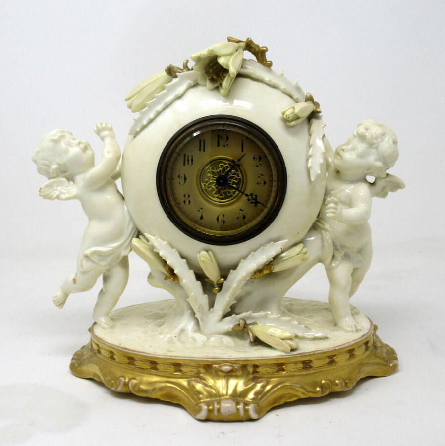 Antique English Moore Brothers Porcelain Cream Gilt Cherub Cacti Mantle Clock Timepiece 