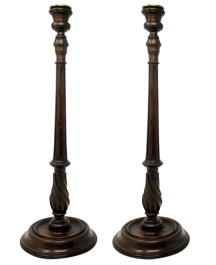 Antique Pair Solid Mahogany Walnut Carved Treen Desk Candlesticks Candelabra 19th Century