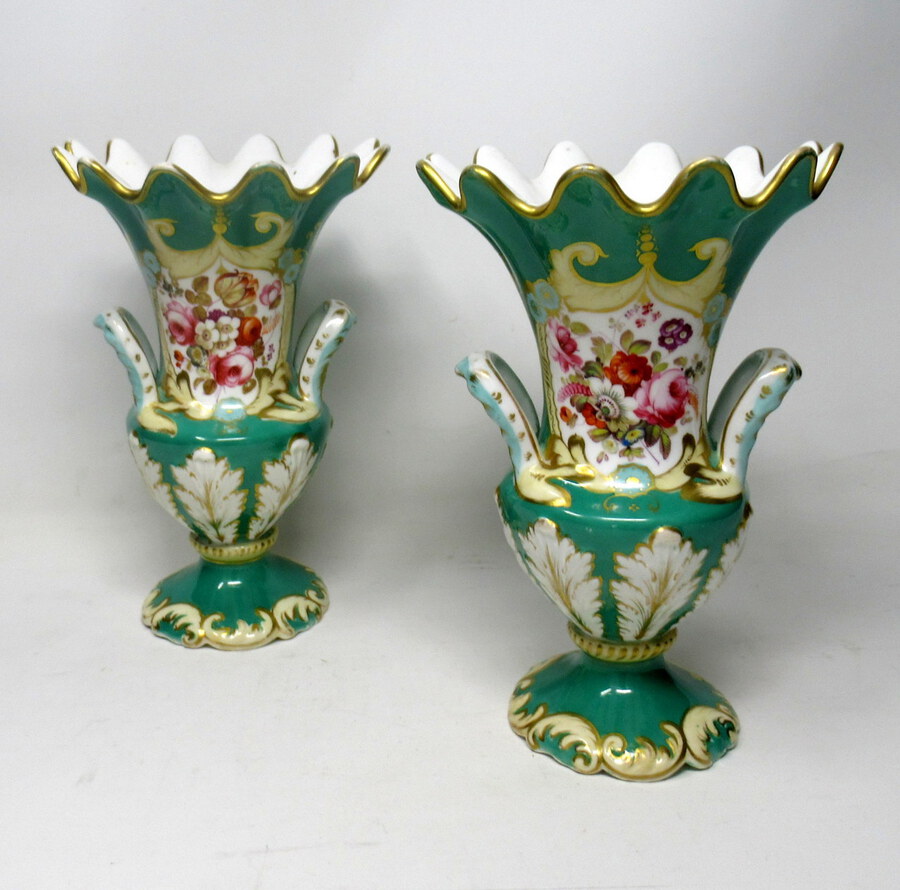 Pair English Porcelain Samuel Alcock Green Vases Still Life Flowers 19th Century
