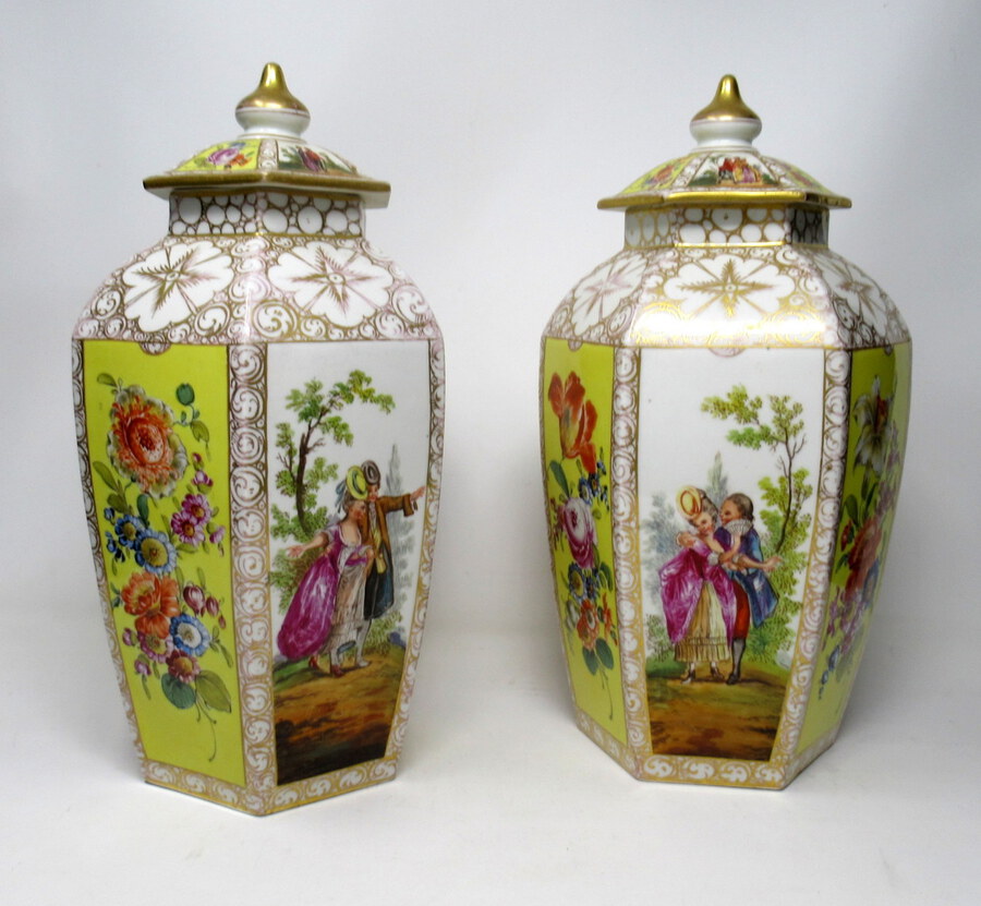  Pair German Helena Wolfson Dresden Hand Painted Vases Classical Floral Scenes 19th Century