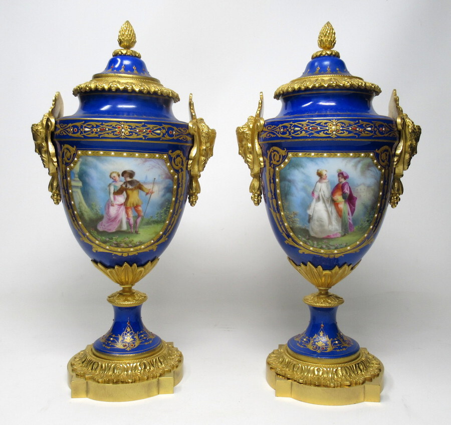 Pair French Sevres Porcelain Ormolu Mounted Urns Exceptional Quality 19thCt