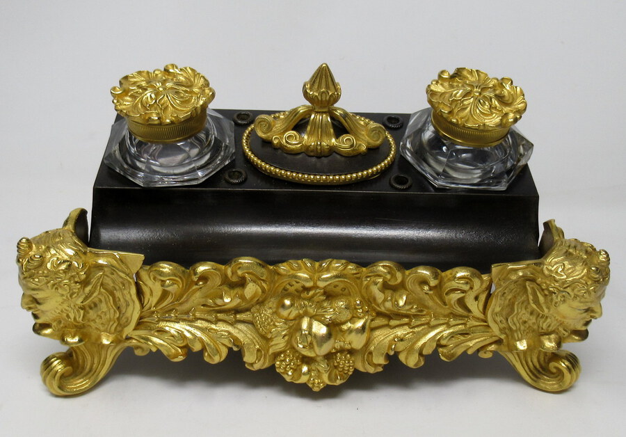  French Ormolu Bronze Desk Set Encrier Satyr Mounts Regency Period 19thCt
