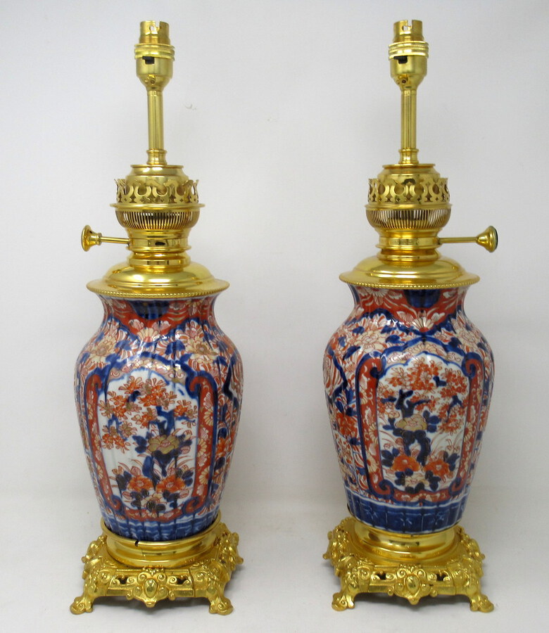 Antique Pair Japanese Chinese Imari Porcelain Ormolu Table Lamps Blue Red Gilt 