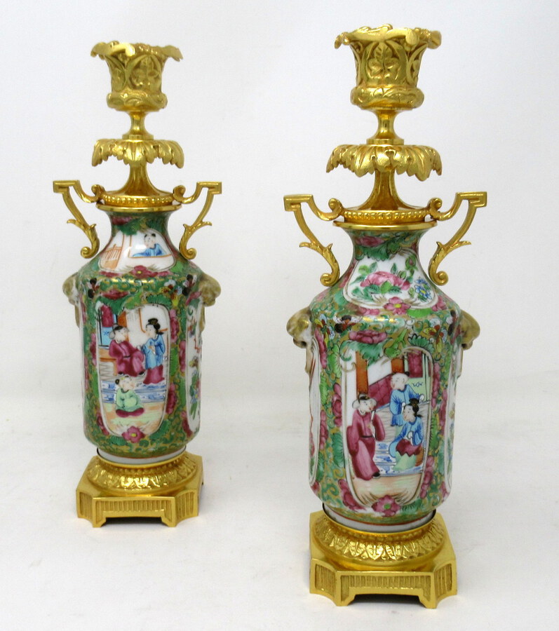  Pair Hand Painted Cantonese Famille Rose Chinese Porcelain Ormolu Candlesticks