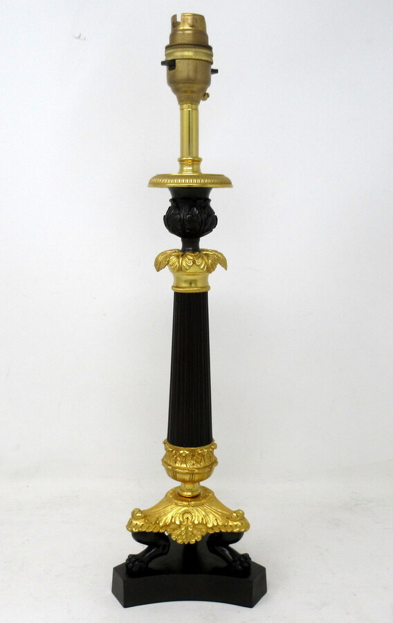 Antique French Bronze and Ormolu Corinthian Column Candlestick Lamp 19th Century 