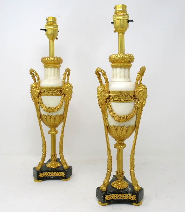 Antique Pair French Regency Grand Tour Ormolu Gilt Bronze Cream Marble Urns Table Lamps 