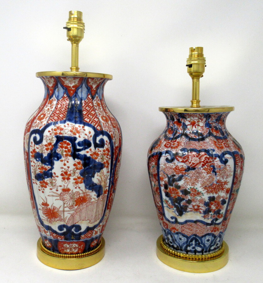 Pair of Antique Japanese Chinese Imari Porcelain Ormolu Table Lamp Blue Red Gilt 