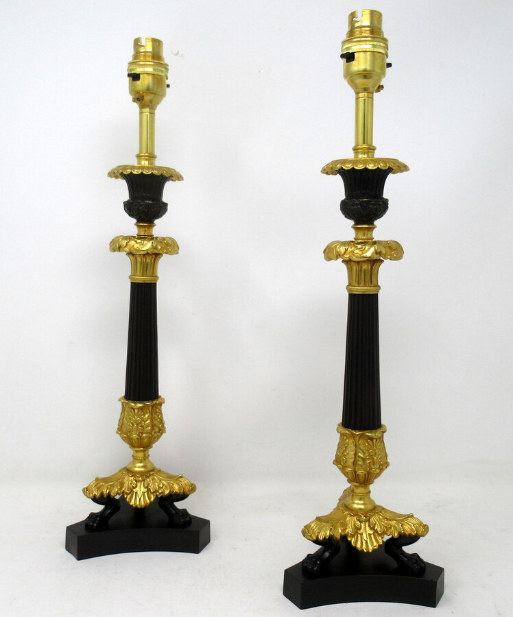 Antique French Gilt Bronze and Ormolu Corinthian Column Candlestick Lamps Pair 
