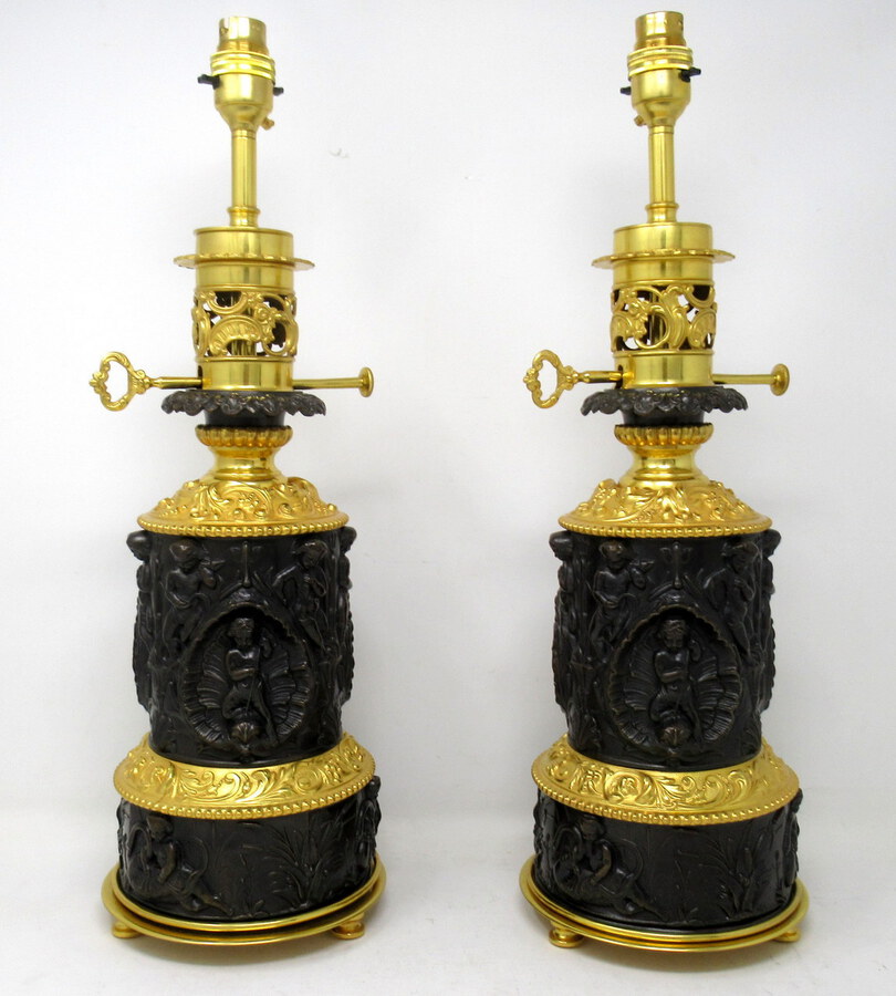 Antique Pair French Gilt Bronze Electric Table Lamps Ormolu Mounts 19th Century 