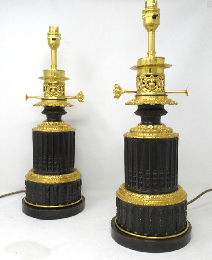 Antique Pair French Gilt Bronze Electric Table Lamps Ormolu Mounts 19th Century 
