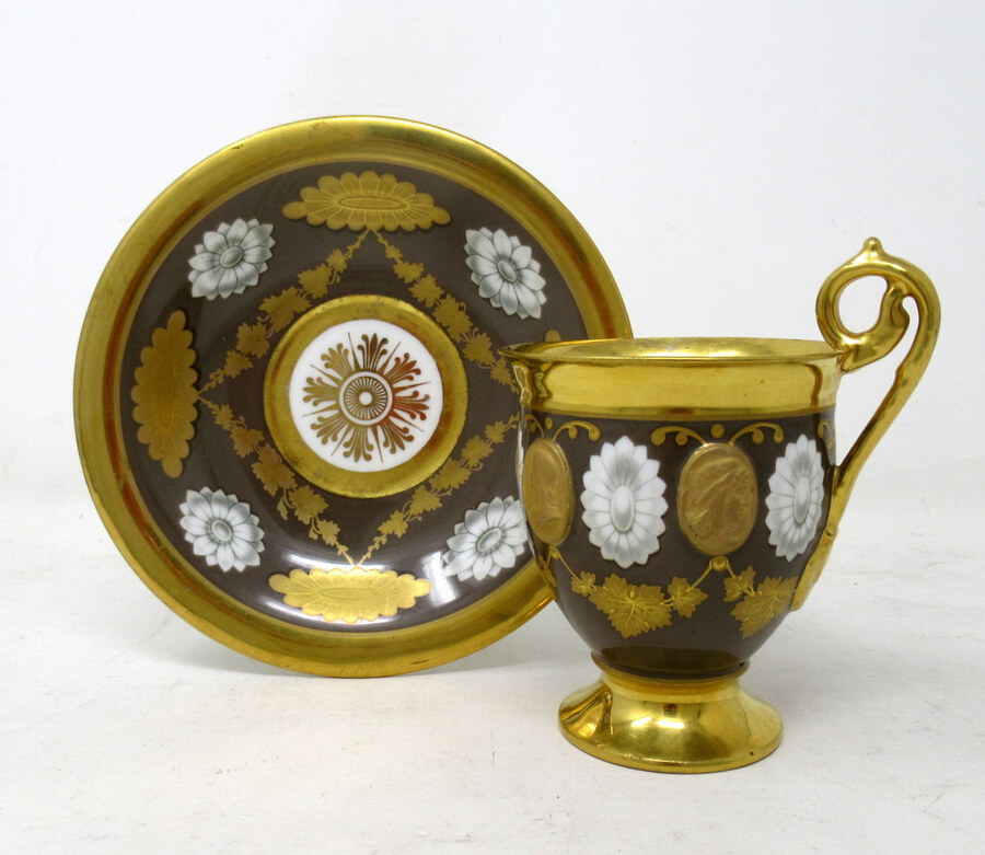 Antique Sevres Style Paris Porcelain Gilt Tea Cup Saucer Alexander Great Dante 