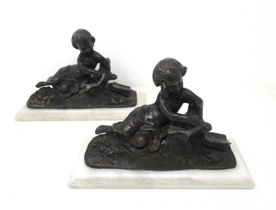 Antique Pair French Grand Tour Bronze Marble Cherubs Figures Putti Bookends 