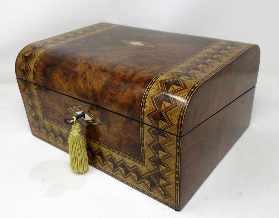 Antique Victorian Turnbridge Ware Burl Walnut Traveling Wooden Writing Slope Box 