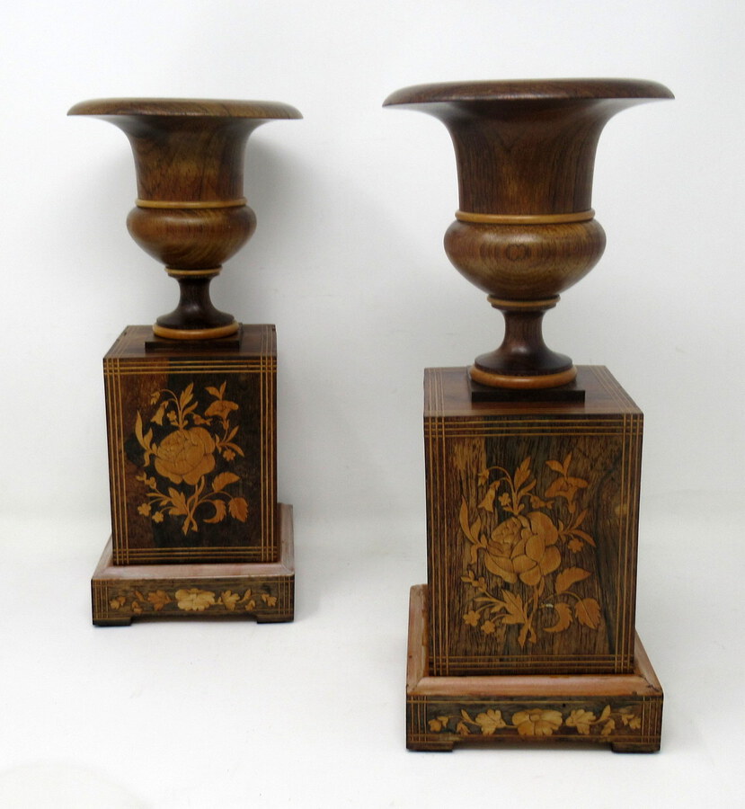 Antique Vintage Pair Wooden Treen Carved Rosewood Candlesticks Urns Mid Century 