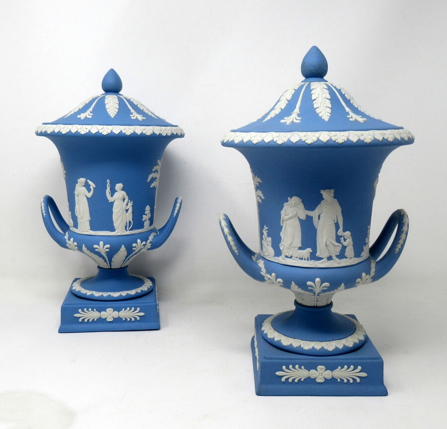Antique Pair of Blue Wedgwood Jasperware Ceramic Urns Vases Mythological Classical Scenes