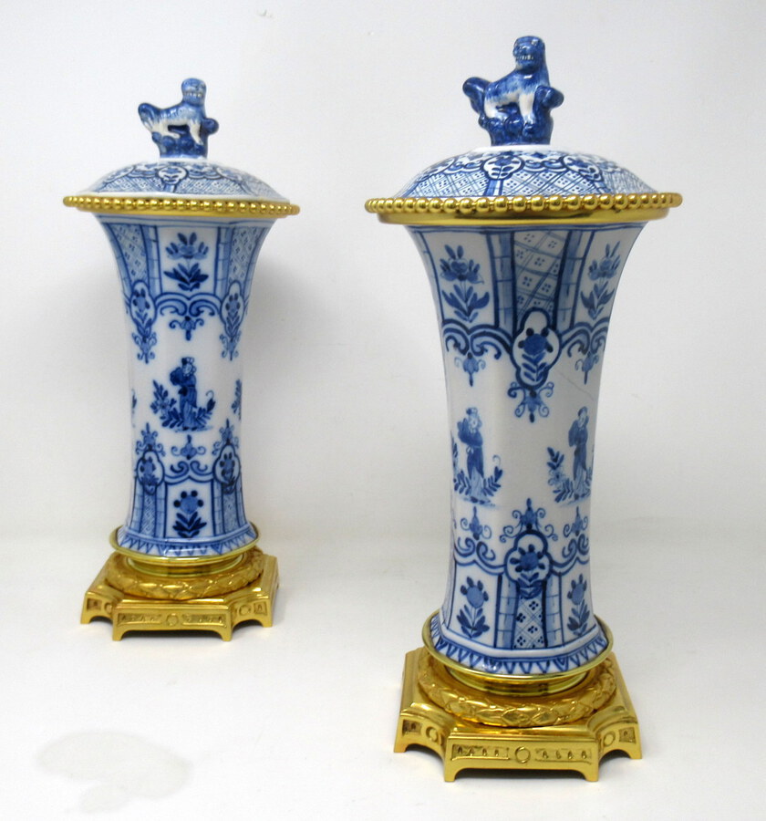 Antique Pair Chinese Porcelain Export Blue White Ormolu Gilt Bronze Urns Vases 