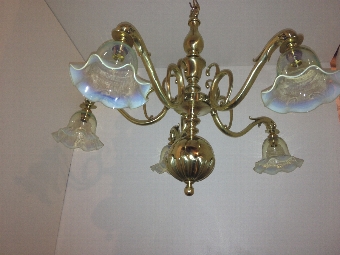 English Arts crafts Nouveau 5 light chandelier Vaseline shades