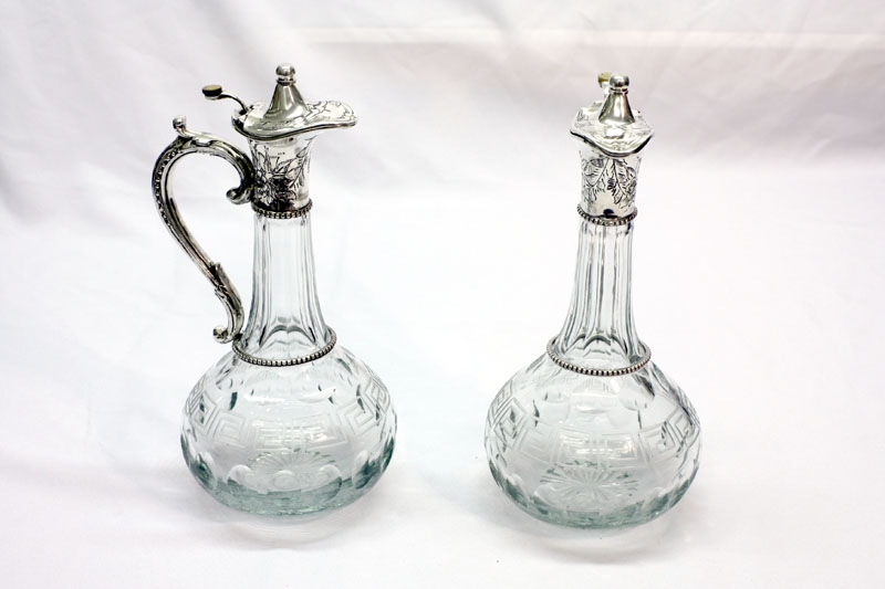 Pair Cut Glass and Silver Plate Claret Jugs Decanters