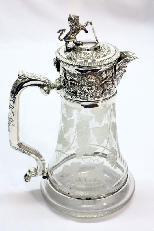 English Silver Plated Claret Jug Decanter Lion Shield