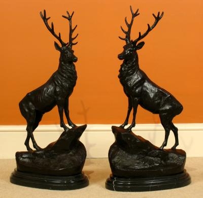 Pair of Stunning Bronze Stag Statuettes w/ Marble Base