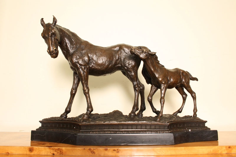 Beautiful Bronze Horse and Foal Sculpture Marble Base