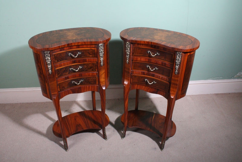Stunning Pair French Walnut Kidney Bedside Drawers