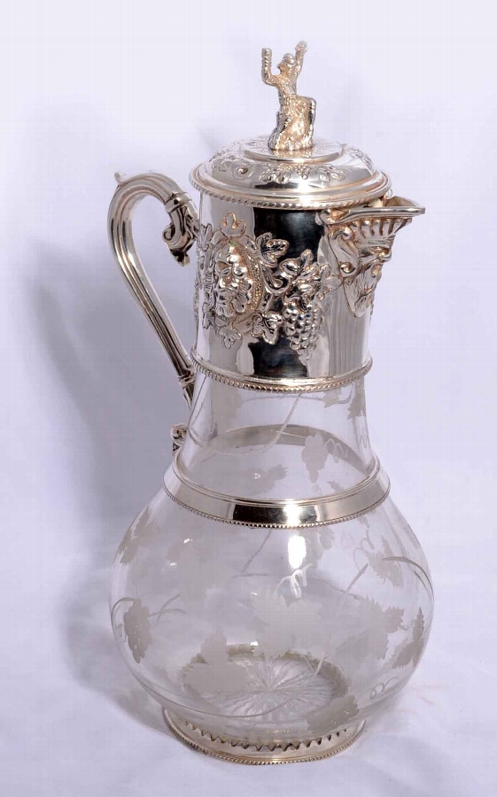 Large English Silver Plated Cut Glass Claret Jug