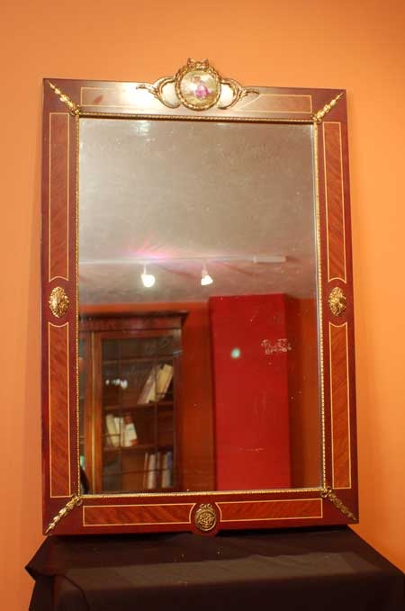 Exquisite Inlaid Walnut Ormolu & Porcelain Mirror