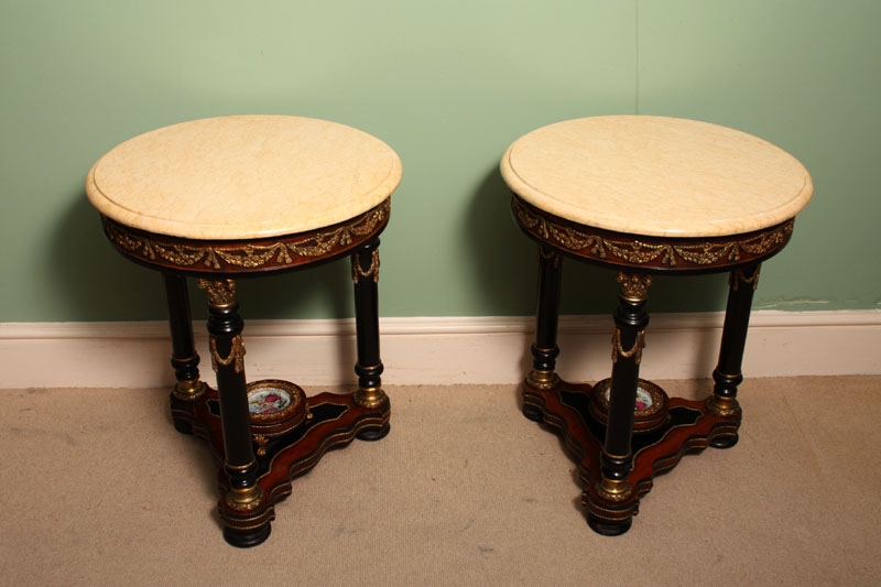 Pair Eccentric French Occasional Tables Marble Tops
