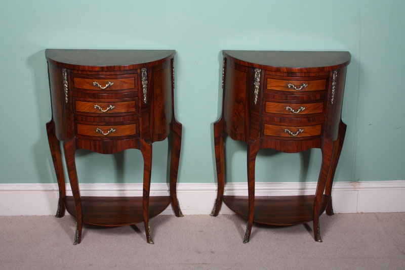 Pair Half Moon Rosewood & Walnut Side Bedside Cabinets