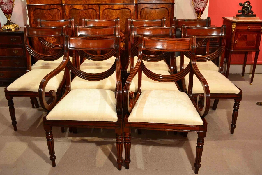 Grand Set 10 English Regency Dining Chairs Swag Back