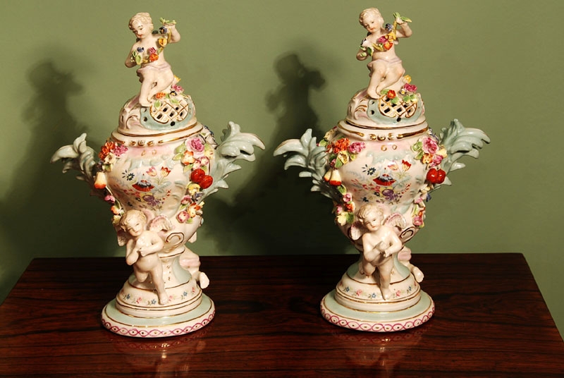Pair German Dresden Hand Painted Porcelain Vases