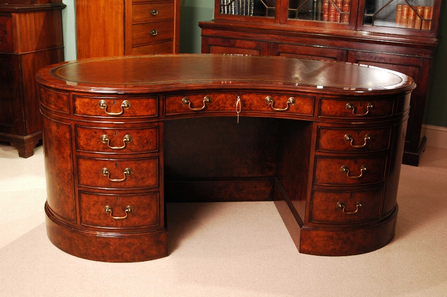 Large Victorian Burr Walnut Kidney Partner's Desk